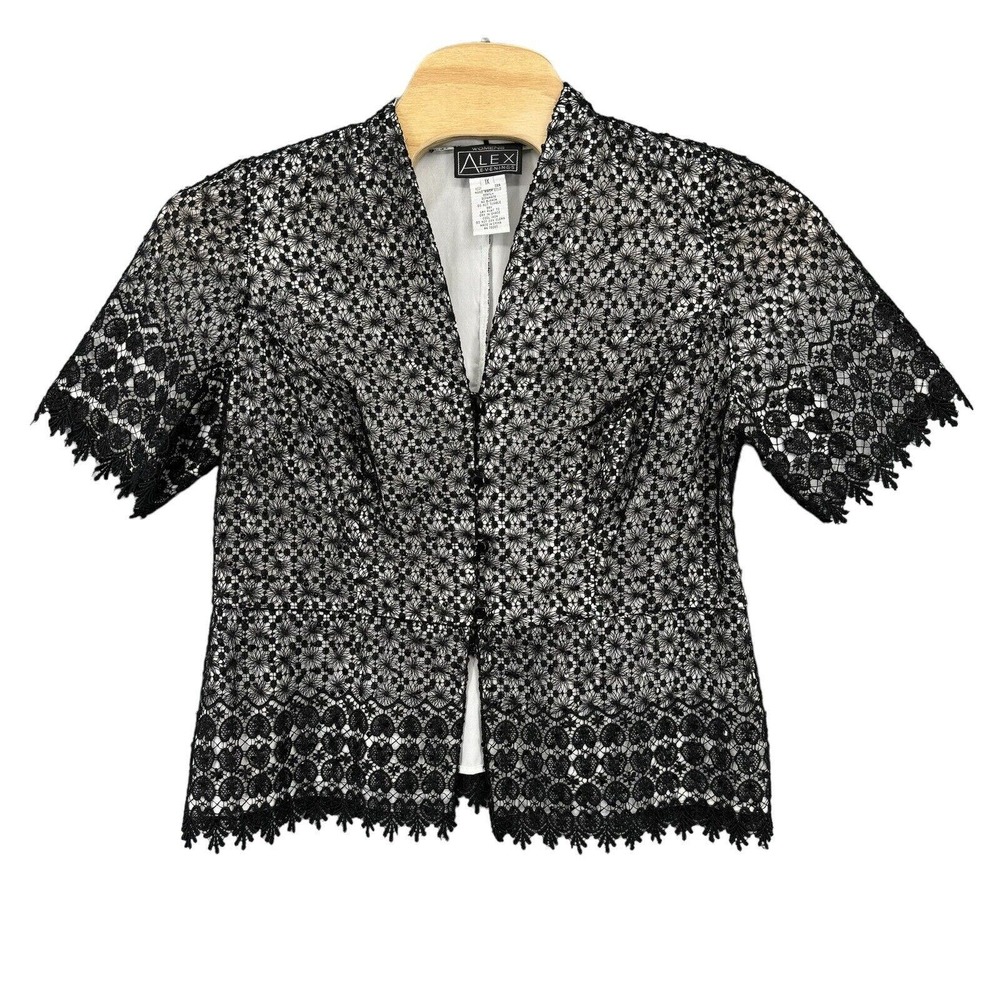 Alex Evenings Black & White Lace Overlay Short Sleeve Top
